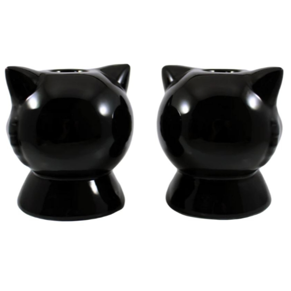 *SOLD* SOURPUSS Black Cat Ceramic Candle Holders Set Of Two 3” x 3.25” Halloween - Picture 2 of 4
